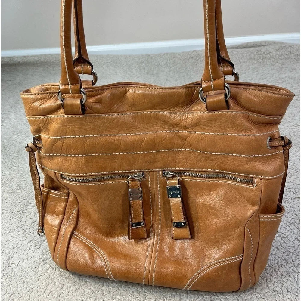 Tignanello Carmel Genuine Leather Hobo Bag 3 Front Zippered Pockets Big Interior